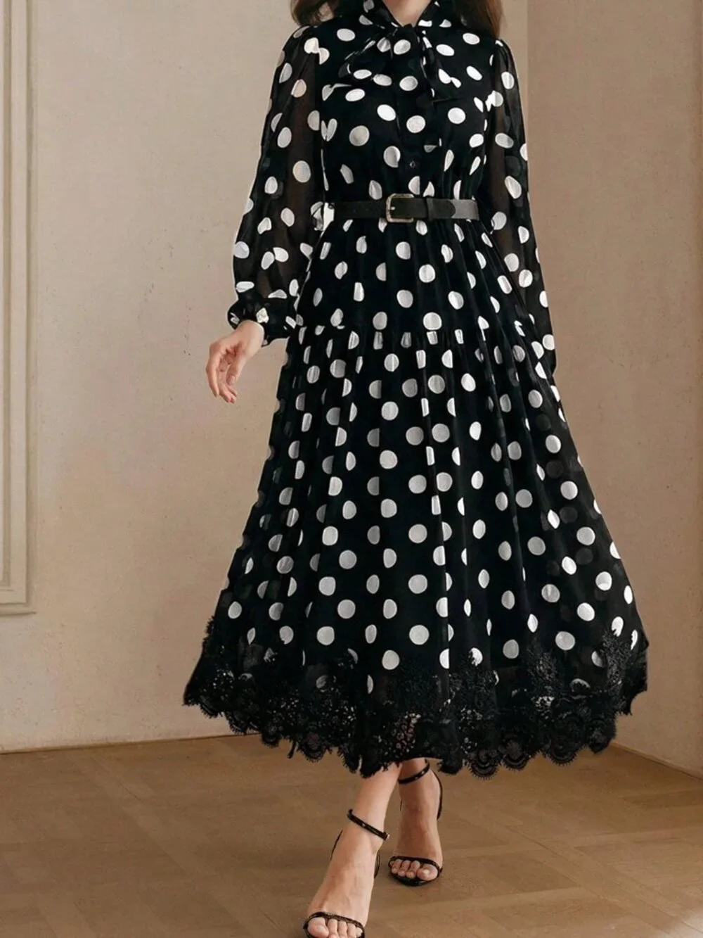 Black & White Elegant Women's Polka Dot Chiffon Lace Tie Waist Long Sleeve Dress